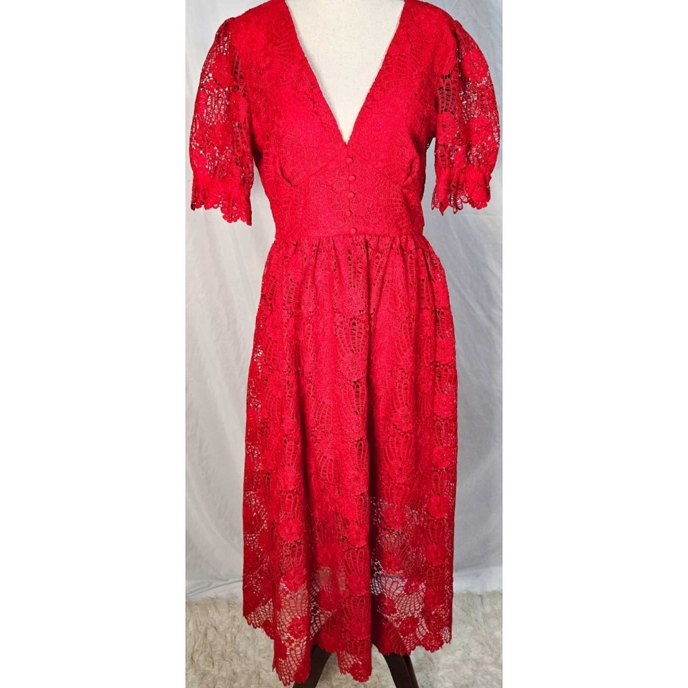 Gianni Bini Red Lace Midi Dress A Line V Neck Classic Puff Sleeve Formal